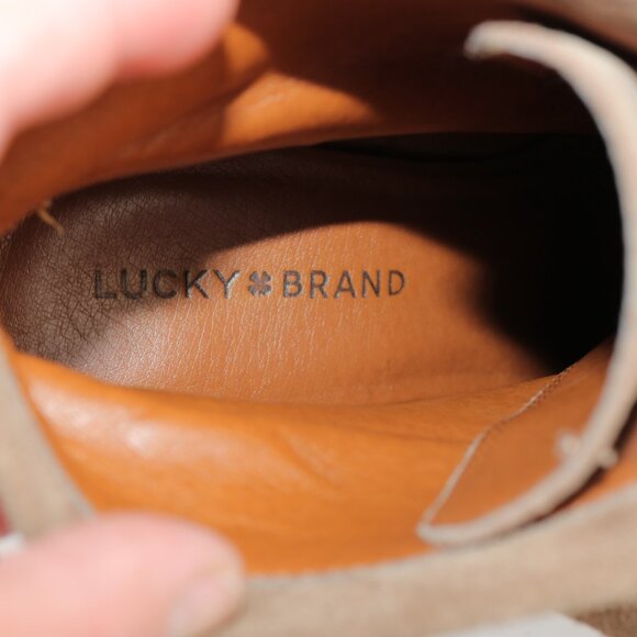 Lucky Brand Womens Yuzu Boot Size 9 Tan Suede Lace Up Bootie Wedge Heel Medieval - Picture 9 of 12